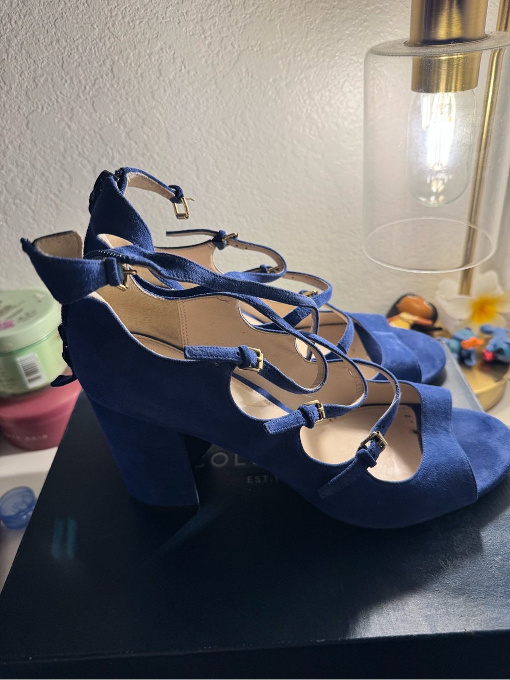Cole Haan Royal Blue Suede Strappy Block Heels